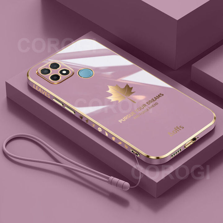 Maitus for Xiaomi Redmi 10A/Redmi 9C Back Cover with Lanyard Luxury 6D Plating Stylish Maple Leaf Style Phone Case Soft Silicone Square Frame Mobile Cases Cover Pouch