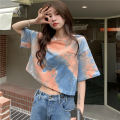 Women T-shirt Fashion Tie-dye Printed Short-sleeved Pullover Loose Contrast Color Crop Top. 