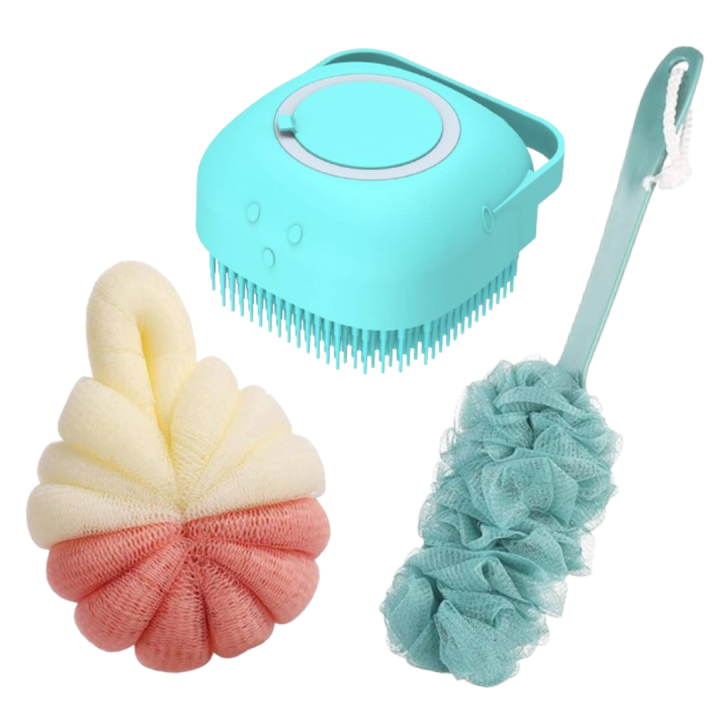 3 in 1 Exfoliating Body Scrub Brush , Mini Bath Sponge , Brush with Handle
