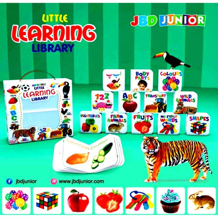Little Learning Library (12 In 1) | My First Learning Collection Library 12 In 1 | Wooden Books | Pre School Learning Books | ABC , Colors, Fruits , Birds , Animals , Shapes, 123