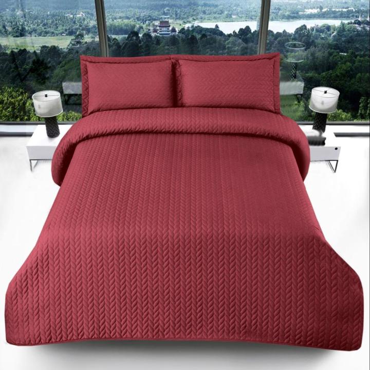 Apricot 3 PCs UltraSonic Reversible Bed Spread Leafs Quilted King Bedding Set with Pillow Covers