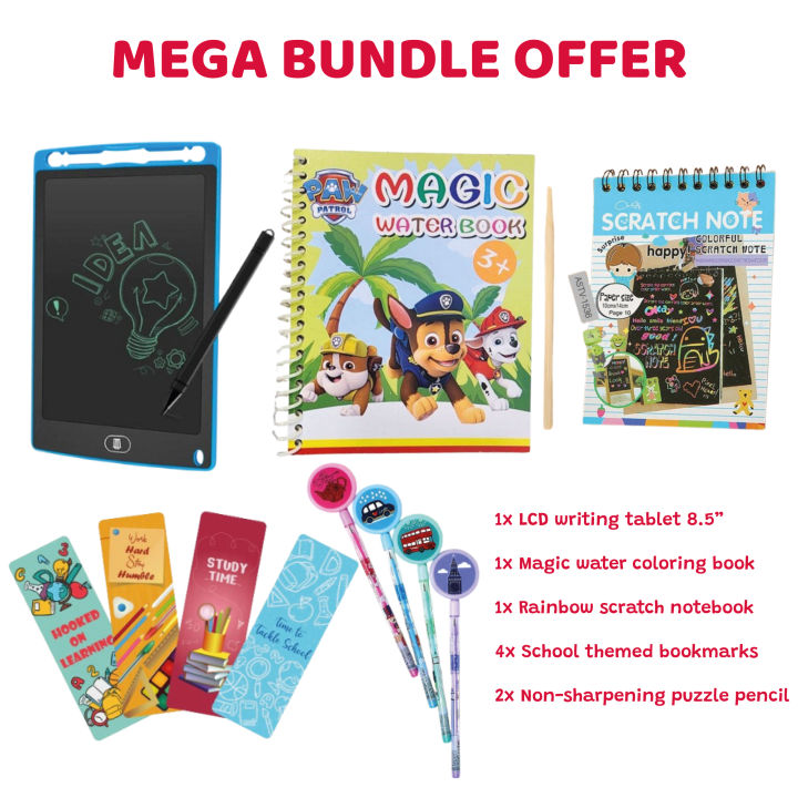 Mega Bundle Offer (9 items)- Rainbow colorful scratch notebook, Magic water coloring book, Bookmarks, Non-sharpening pencil, Writing tablet