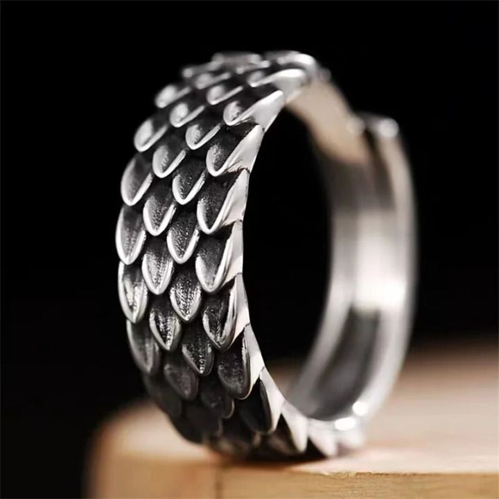 Retro Dragon Scale Ring Men Jewelry Fashion Personality Cool Style Index Ring 925 Sterling Silver Male Party Accessories Open