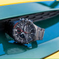 Casio Edifice Mens Black Ion Plated Stainless Steel Case Round Analog+Digital Solar Power Tachymeter Bluetooth World Time Stop Watch Calender 5 Daily Alarm LED Light Multi-Functions Black Stainless Steel Bracelet Watch-ECB-950DC-1ADF. 
