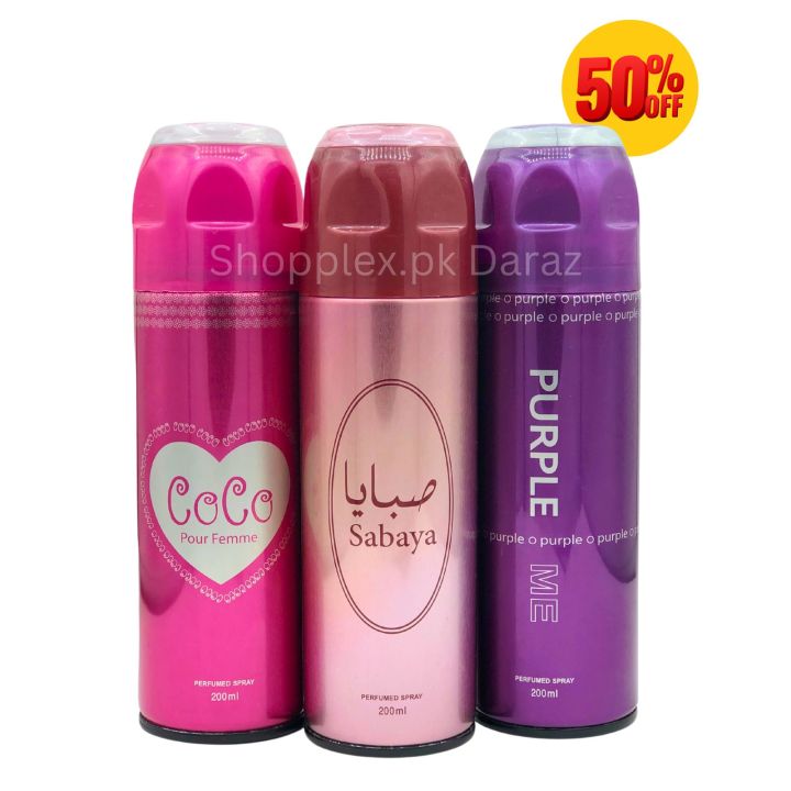 Body Spray Pack of 3 For Women Gift | Big Bottle 200ml PURPLE ME | COCO Pour Femme l Sabaya by FRESHRITE Value Budget pack For Men & Women Gents and Ladies Deodorants Body Spray Imported High Quality By Long Lasting Women And Men Gift Whole Sale