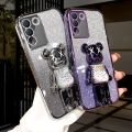 For Vivo Y100 4G Back Cover with Cartoon 3D Bear Stand Luxury Slim Gradient Plating Glitter Girls Stylish Phone Case Clear Soft Silicone Protective Cases Pouch. 