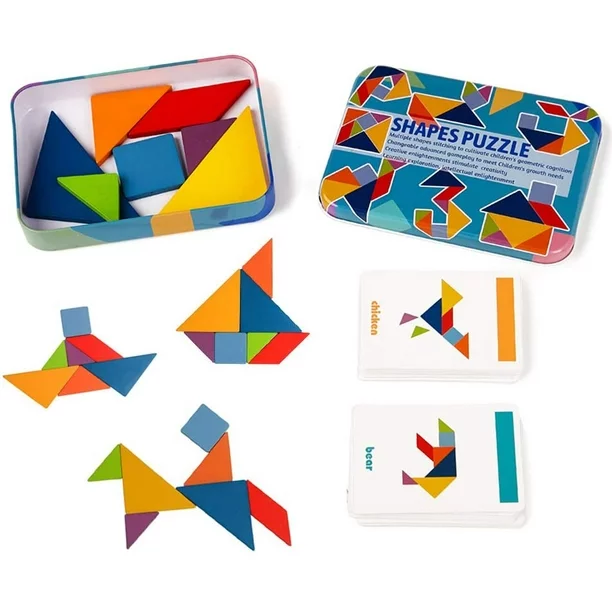 7 Pcs Wooden Geometrical Shape's Block's-With Iron Tin Box- Colorful Blocks - Kids Early Learning Educational Puzzle Toy -   Geometric Intelligence  Tangram  Puzzle