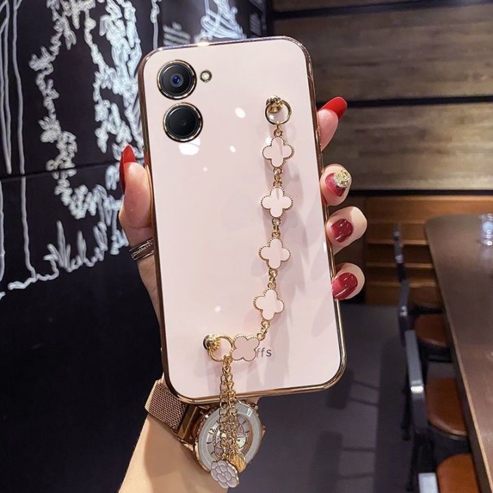 For Vivo Y03 Y02 Y02A Y02s Y02t Y01 Y01A Back Cover with Four-Leaf Clover Bracelet Luxury 6D Plating Shiny Bling Stylish Girl Phone Case Soft Silicone Square Bumper Mobile Phone Cases Pouch