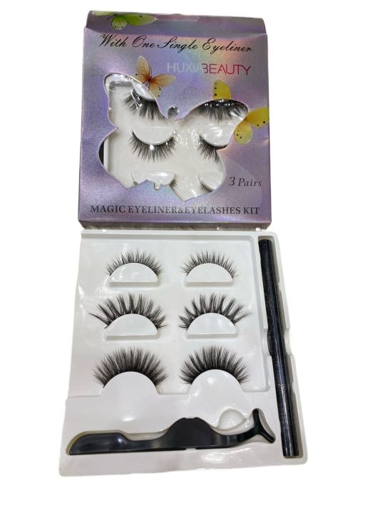 Magic Eyeliner and Eyelashes Kit - Magnetic Eyelashes with Eyeliner - False Lashes 3 Pairs with Tweezers - Easy to Wear For Girls and Women For Special Ocassion
