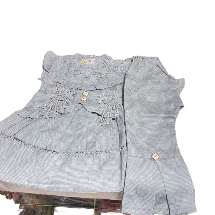 Baby Girls Cute Grey Dress Embroidery Shirt With Designing Trauser For 1 to 4 years