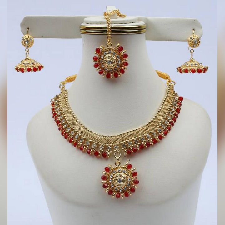 Golden Designer Jewellery Set with Red Stone
