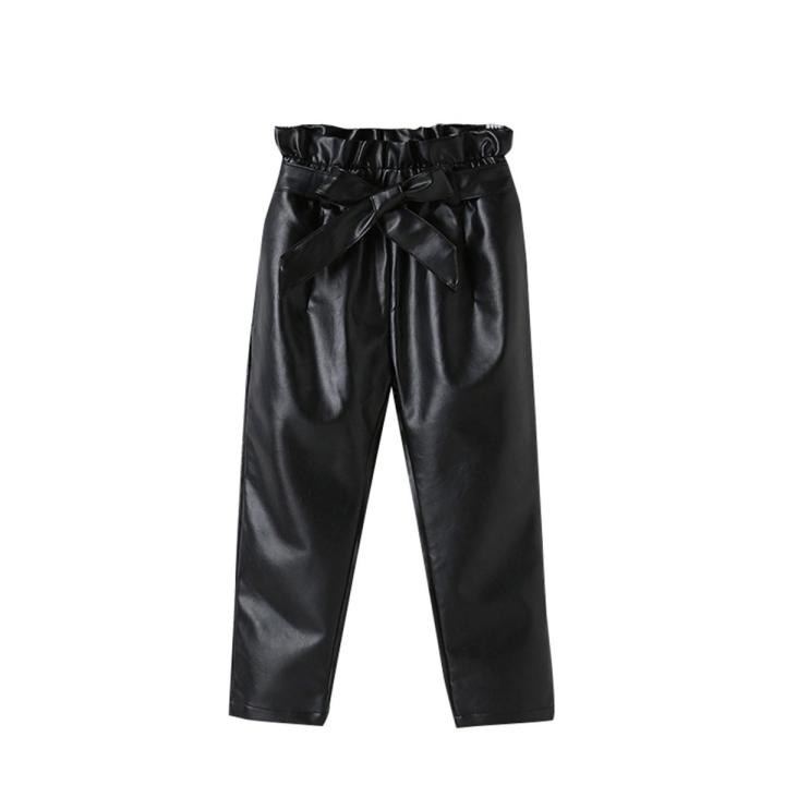Kid Leather Pants Solid Color Toddler Casual Mid-waist Trousers with Belt Pencil Pants