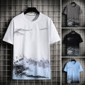 Summer T-shirt Artistic Mountain Pattern Round Neck Men Tops. 