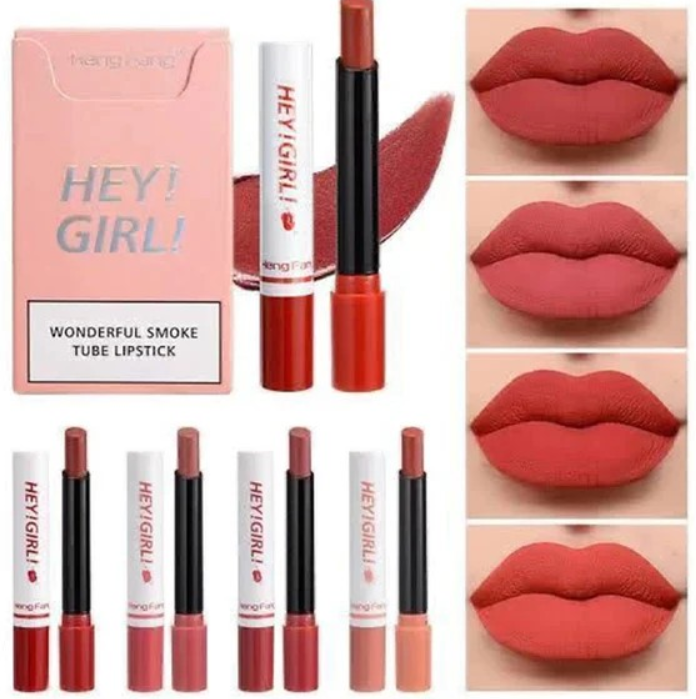4 in 1 HengFang Korean Matte Lipstick Pack, Set of 4 Hey Girl smoke tube Moisturizing Long Lasting Waterproof Lipstick Women Make up Red, brown, pink, peach Velvet Cosmetic Lipsticks set