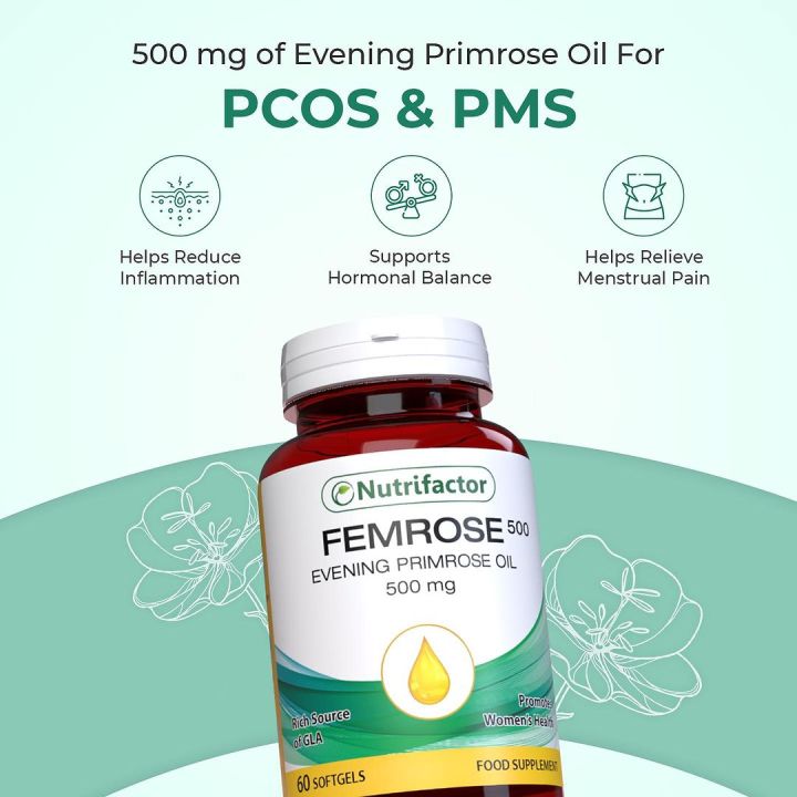 Nutrifactor Femrose Evening Primrose Oil Supports Women's Health 60s Softgels