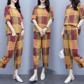 bellylady 2Pcs/set Lady Short Sleeve -shirt + Ninth Straight Bottom Pants Summer Plaid Casual Suit. 