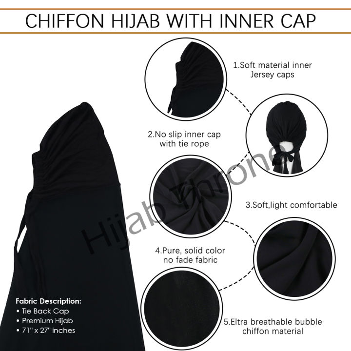 Hijab Throne – Premium Chiffon Hijab with Tie Back Under Cap Set - Super Soft & Quality Hijabs for Women - 50+ Shades Available