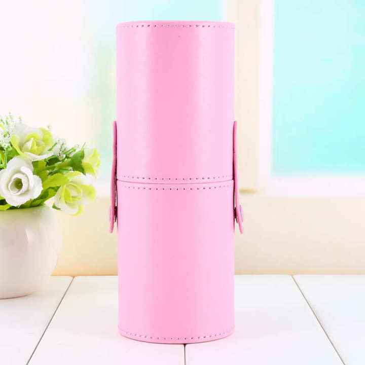 Makeup Brush Case Holder Organizer Empty Portable Travel Cosmetic Cup Round Pen Pouch with Pink Leather