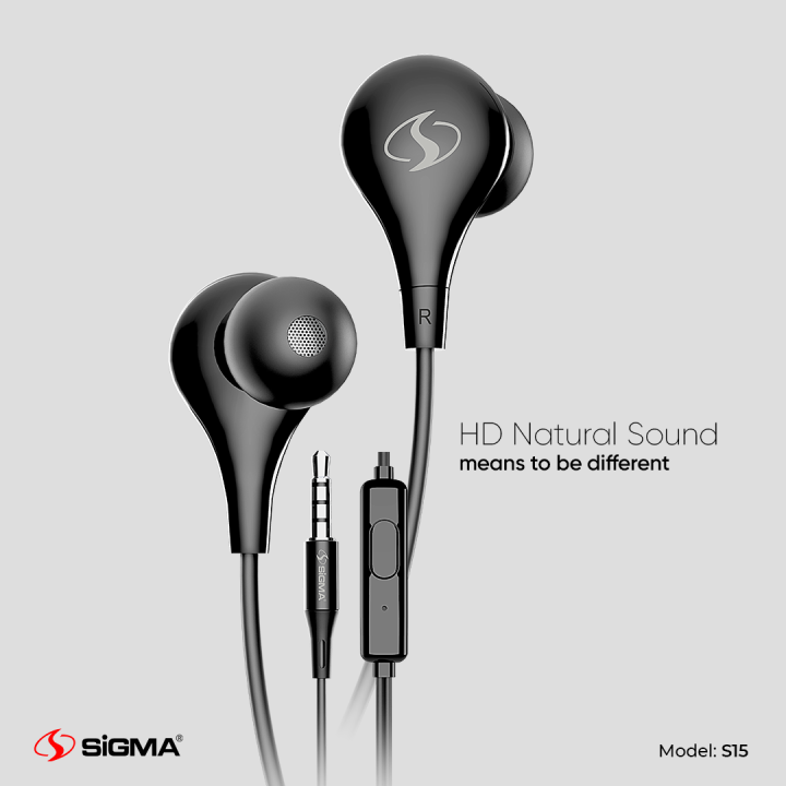 Sigma Stereo Earphones S15 – Hi-Definition Stereo In-Ear Headphones with Inline Remote Control, Premium Stereo Headset, Powerful Bass, Clear Sound, Comfortable fit and Microphone in Black/White