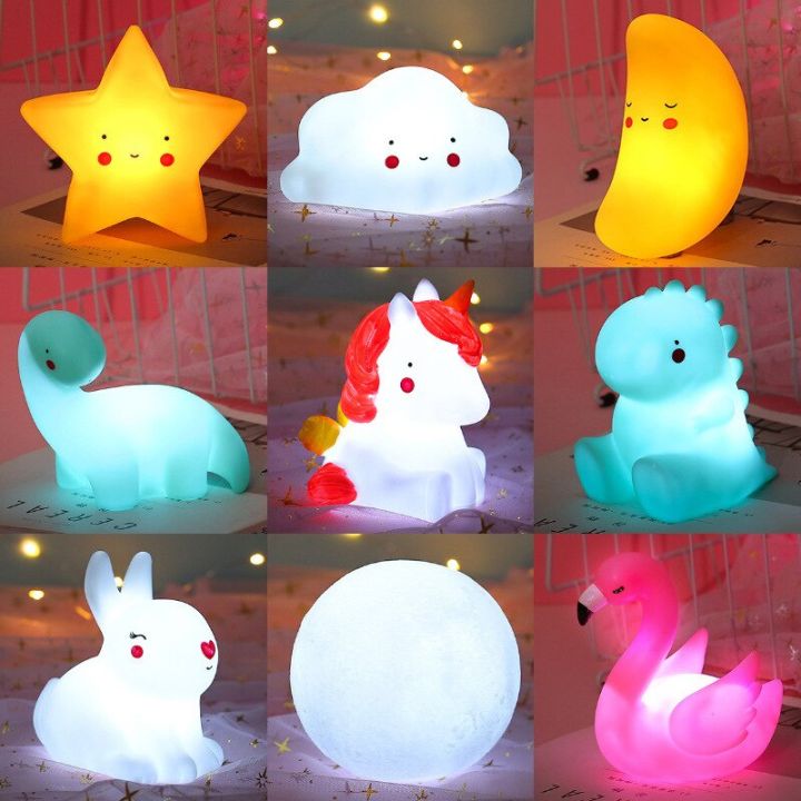 Cartoon Moon Unicorn shaped Led Night Light Bedroom Bedside Lamp Children Baby Kids Star Rainbow Shell Night Lamp Birthday Party Gifts