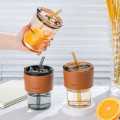 Tumbler Mug with Lid, Glass Straw and Protective Anti-Skid Leather Sleeve for Hot and Cold Beverages Tea Coffee Smoothies Fruit Juice Travel Mug .435ml. 