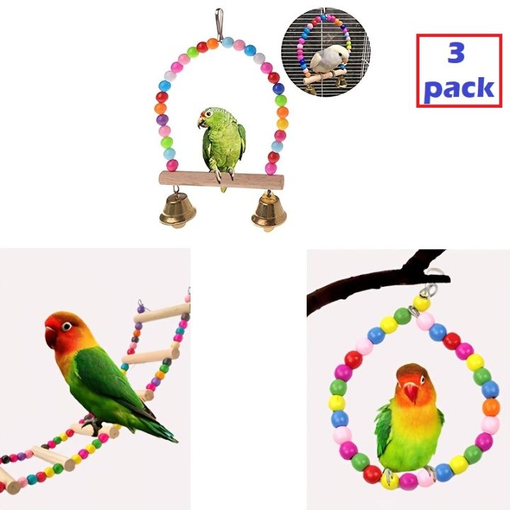 UK bird toys 3pcs Bird Play Gym Set, Parrot Exercise Toys with Beaded Hoop, Wooden Ladder, and Swing, Crude Wood Bird Perch, for Parakeets and Other Small Birds