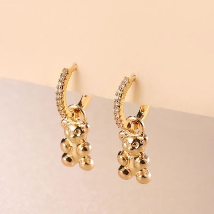 2024 New Fashion Gold Color Earrings CZ Small Hoop Dangle Drop Bear Earring Minimal Jewelry for Women Wedding Accessories Gifts