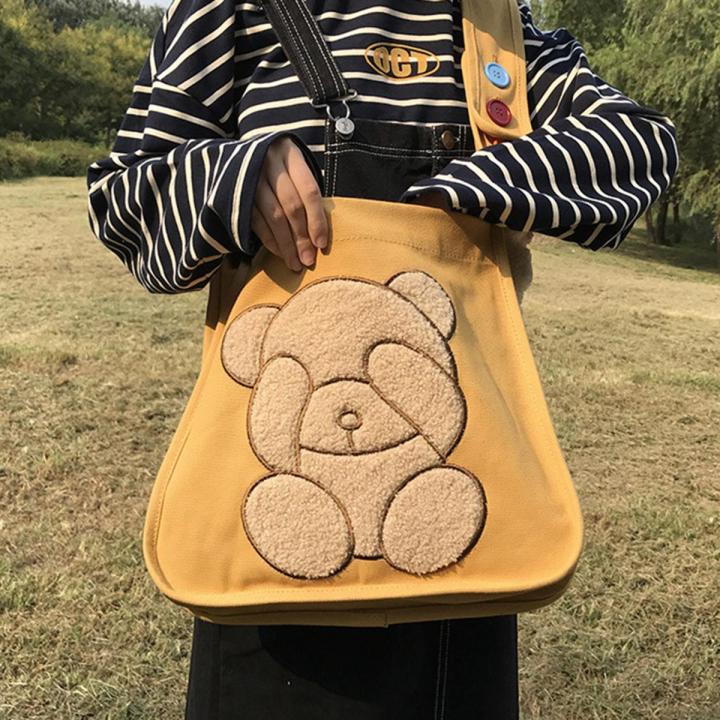 Fashion Women's Canvas Cute Bear Pattern Shoulder Bag Casual Cartoon Travel Messenger Bag Student School Bag Yellow
