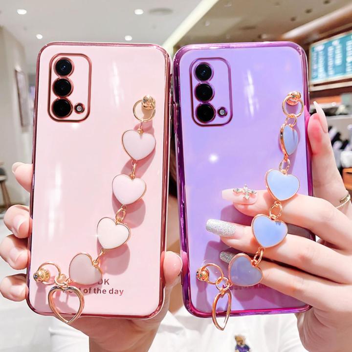 For OPPO A95 / OPPO F19 Back Cover with 3D Love Heart Wristband Chain Fashion Bracelet Shiny Plating Phone Case Soft Silicone Bumper Protective Cover