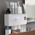 Dustproof with Super Sticky Suction Pad Wall Mounted Toothbrush Holder and Automatic Toothpaste Dispenser. 