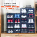 SNEAKYEAR - STACK'EM Stackable Sneaker Crates or Containers (Pack of 25 Shoe Boxes) with Acrylic Magnetic Side Door for Boy & Girl Sneakers, Yeezy, AJ, & Air Max in Black & White. 