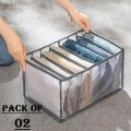 2PCS 7 Grids Washable Wardrobe Clothes Organizer, Jeans Compartment Storage Box, Clothes Drawer Mesh Separation Box, Portable Foldable Closet (Medium, white&balck). 
