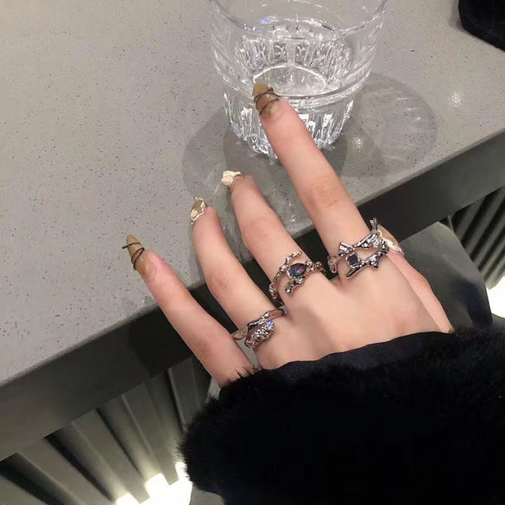 Punk Irregular Rings With Opal Aesthetic Egirl Hollow Vintage Stone Rings For Women Y2k Open Ring Trendy Jewelry