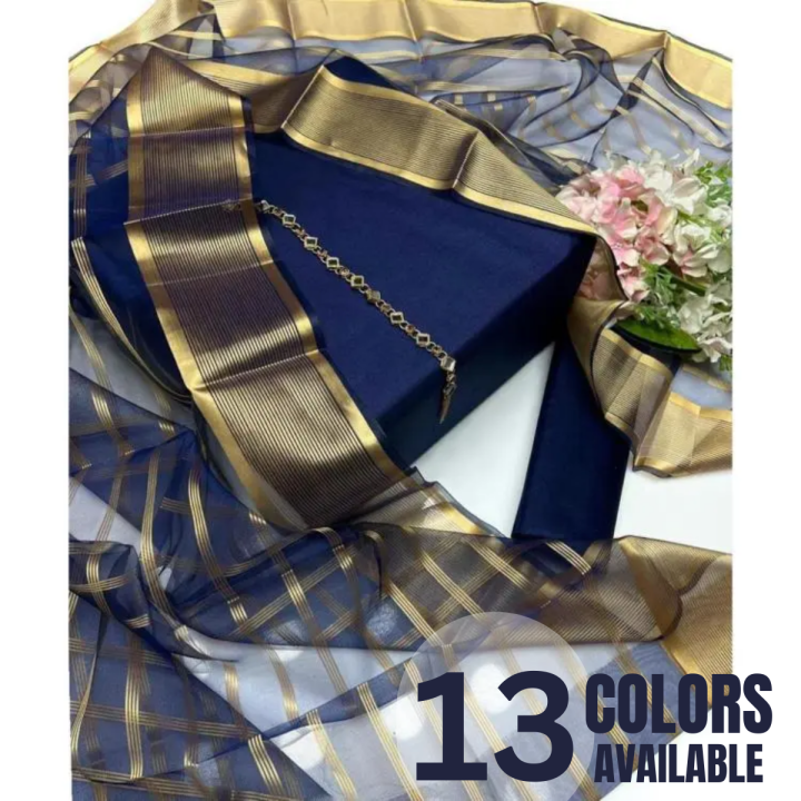 SastaaE 3 Pieces Unstitched Katan Silk Plain Shirt & Trouser With Organza Lining Dupatta For Womens & Girls Unstitched Fabric For Women