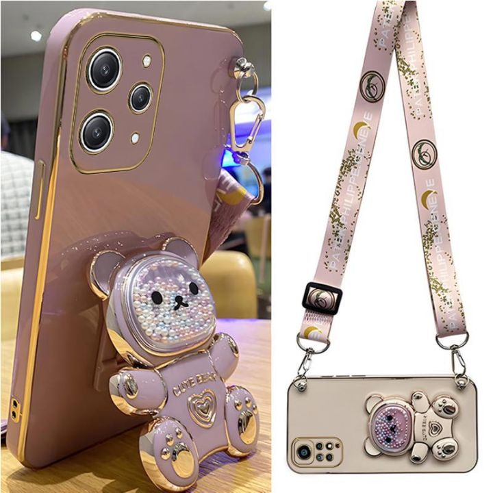 Quicksand Bear Holder Lanyard Phone Case For Xiaomi Redmi 12 Note 12s 12 Pro Plus 4G 5G 12C Strap Stand Cover