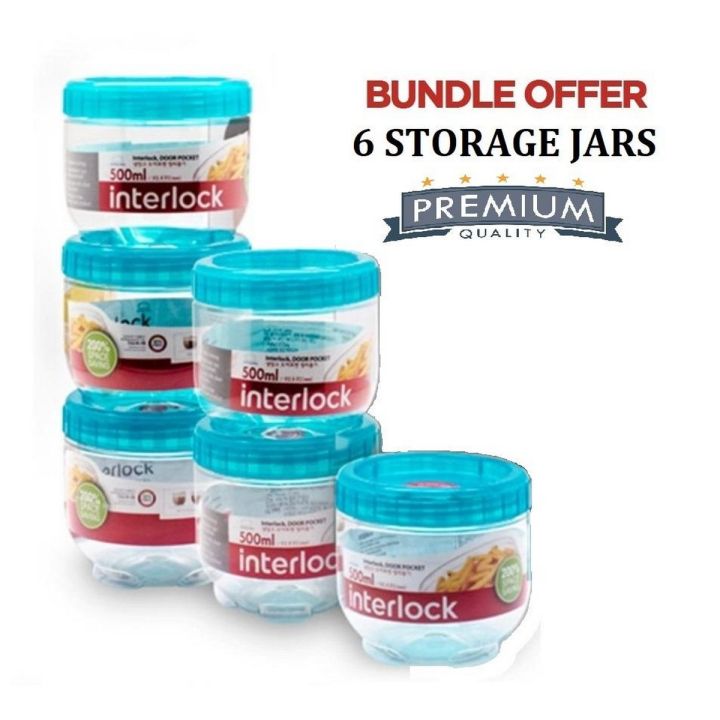 Pack of 6 Multipurpose Interlock Food Spices Sauce Storage Jars 500ml Refrigerator Container With Random Color Lid