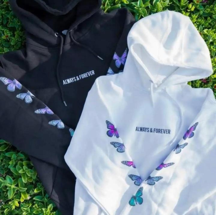 CUTE BUTTERFLIES ALWAYS & FOREVER Print Kangaroo Hoodie huddy Pocket Drawstring Casual Pullover Hodie Clothing Long Sleeves Export Quality Huddie Winter Wear Smart Fit Hoody For Women Girls