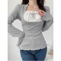 y2k Lace Patchwork Two Piece T-shirt Flare Long Sleeve Tops Spring Casual Kawaii Clothes Korean Shirt. 