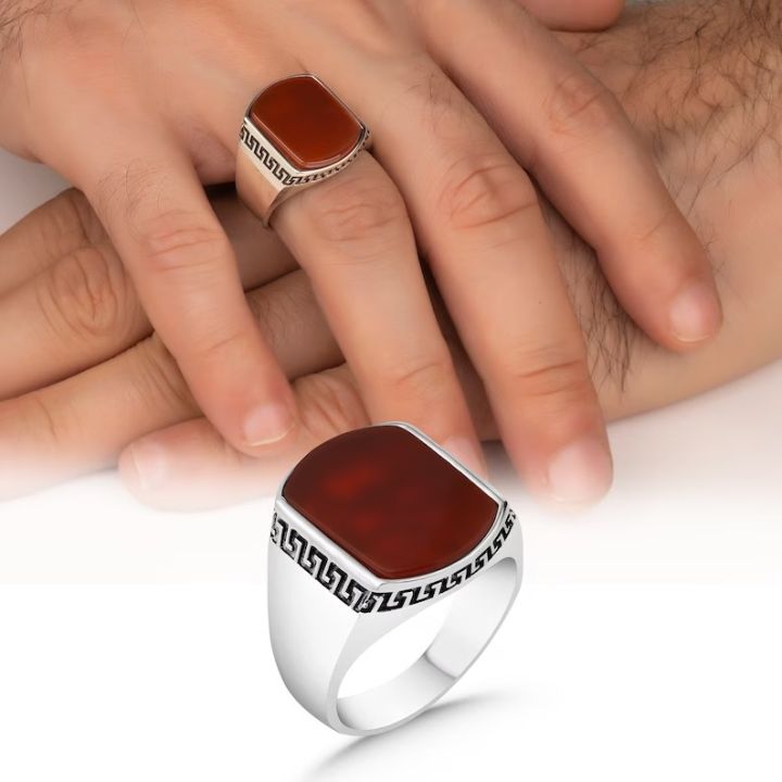 Handmade%20925%20sterling%20silver%20/%20chandi%20natural%20red%20green%20black%20agate%20/%20Aqeeq%20stone%20men's%20woman%20turkish%20ring%20-%20Image%202