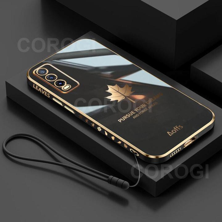 For Vivo Y12A Back Cover + Hand Strap Fashion Shiny 6D Plating Maple Leaves Protective Case Square Bumper Soft Silicone Mobile Phone Cases