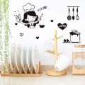Creative Cartoon Happy Girl Chef Sticker Black PVC Loves Cooking Wall Sticker Non-toxic Cute Kitchen Decal Home Decor. 
