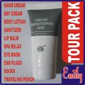 EMILY 10 IN 1 TOUR PACK FOR TRAVELERS, TRAVELING KIT, IMPORTED EYE MASK, SLEEPING MASK, EAR PLUGS, SOCKS PAIR, HAND CREAM, DAY CREAM, BODY LOTION, HAND SANITIZER, LIP BALM AND SPA RELAXING TUBE IN TRAVELING POUCH. 