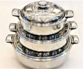 Rex Stainless Steel Hot Pot Set – 3 PCS (20CM, 24CM, 28CM) with Sliding Lock Steel Lids – Mirror Finish Double Body Insulated Food Warmer/ Cooler – Export Quality Hotpot Set. 