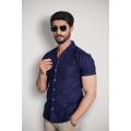 Navy Cuban Collar Casual Shirt. 