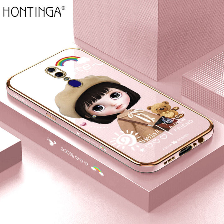 Hontinga for OPPO F11 Back Cover Luxury 6D Plating Cartoon Satchel Girl Side Pattern Case Soft Silicone Square Mobile Cover