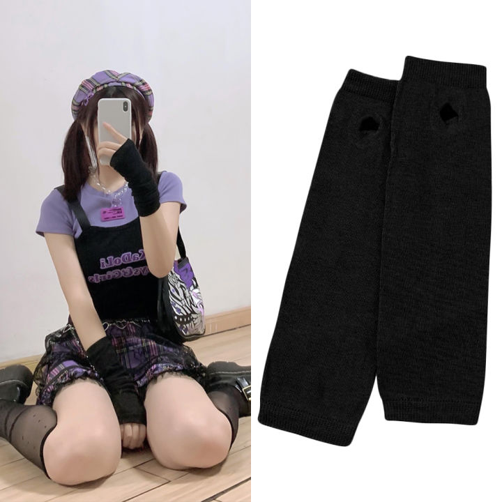 【Qian poem li Store】Cool Street Anime Dark Ninja Style Arm Fashion Cosplay Ninja Knitted Half-Finger Sleeves