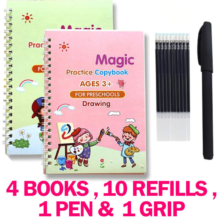 Set of 4 Magic Practice Copybooks + 1 Magic Pen with 8 Refills + 1 Grip ...