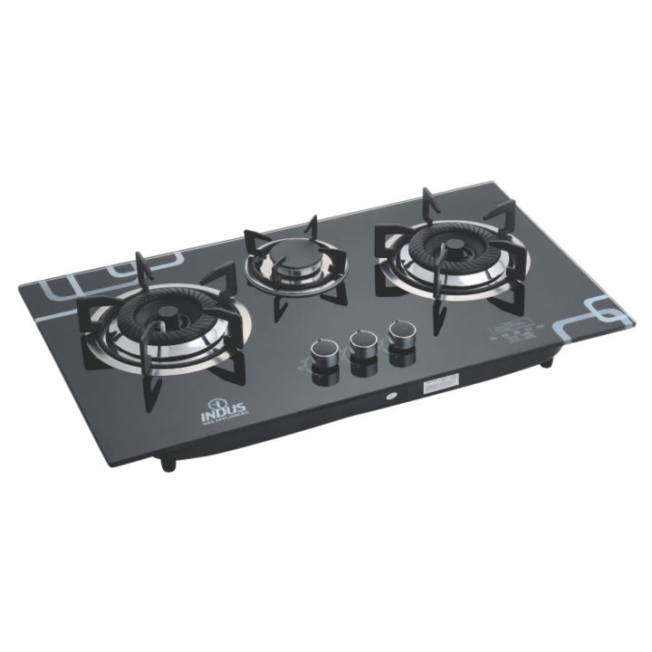 Indus 3 Burner Glass Hob With Imported Burners And Auto Ignition HG-7233B - Black