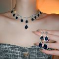 Luxury Necklace Earrings for Women Dark Blue Water Drop Crystal Earrings Wedding Bride Jewelry Sets. 