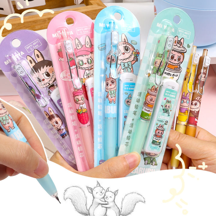 0.5mm Kawaii Labub Mechanical Pencil Set With Refill Leads Cute School Office Writing Pencils Stationery Gift